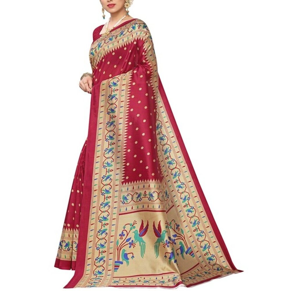 NWT Pisara Sparrow Birds Floral Red Art Silk Saree Sari OS